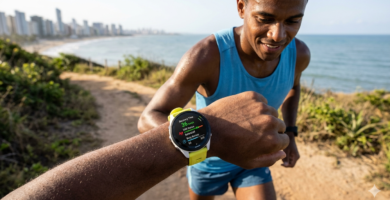Atleta consultando os módulos de recuperação Garmin e métricas de treinamento na tela AMOLED colorida do Smartwatch de Corrida Forerunner 265 disponível em oferta.